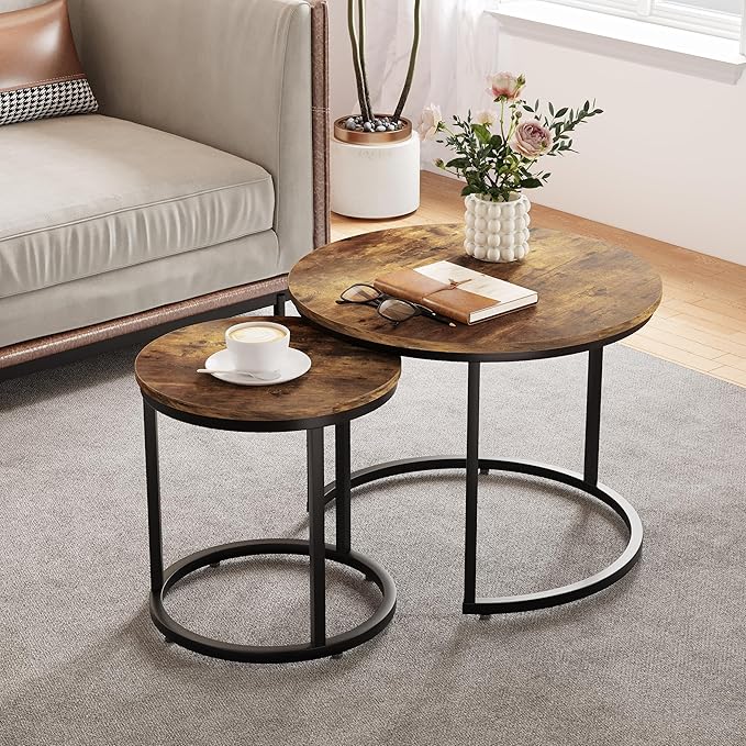 Smuxee Nesting Coffee Table Set of 2, 23.6" Round Coffee Table Rustic Wood Top by Smuxee